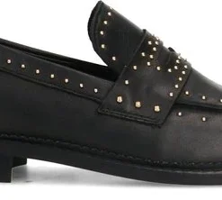 Manfield - Dames - Zwarte Leren Loafers Met Studs - Maat 40