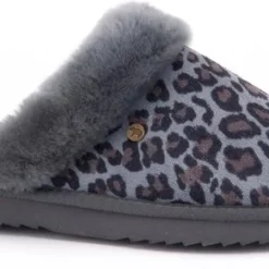 Warmbat Sloffen - Maat 37 - Vrouwen - (licht)grijs - Bruin (panterprint)