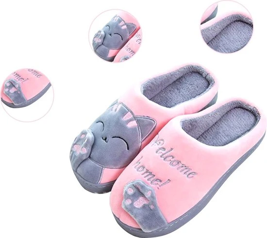 Geweo Home Sloffen - Open Sloffen - Kerstmis - Kerstfeest - Christmas Gift - Koraal Fleece Pantoffels Dames - Leuk Katje - Grijs/Roze - Maat 37/38 - Afbeelding 6