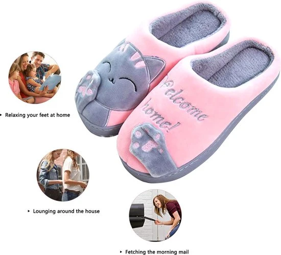 Geweo Home Sloffen - Open Sloffen - Kerstmis - Kerstfeest - Christmas Gift - Koraal Fleece Pantoffels Dames - Leuk Katje - Grijs/Roze - Maat 37/38 - Afbeelding 5