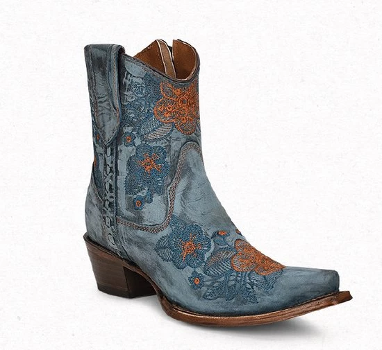 Circle G By Corral Circle G Dames Cowboy Enkellaarzen In Blauw Leer Met Oranje En Blauwe Borduursels