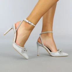 Merkloos -DAMES HAKKEN ZILVER - GLITTER MUILTJES - PUMPS MET STRIKDETAIL - HAKKEN - Maat 39