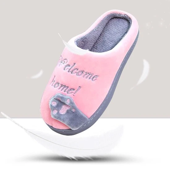 Geweo Home Sloffen - Open Sloffen - Kerstmis - Kerstfeest - Christmas Gift - Koraal Fleece Pantoffels Dames - Leuk Katje - Grijs/Roze - Maat 37/38 - Afbeelding 2