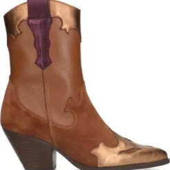 Sacha - Dames - Bruine Leren Cowboylaarzen Met Brons Metallic Details - Maat 40