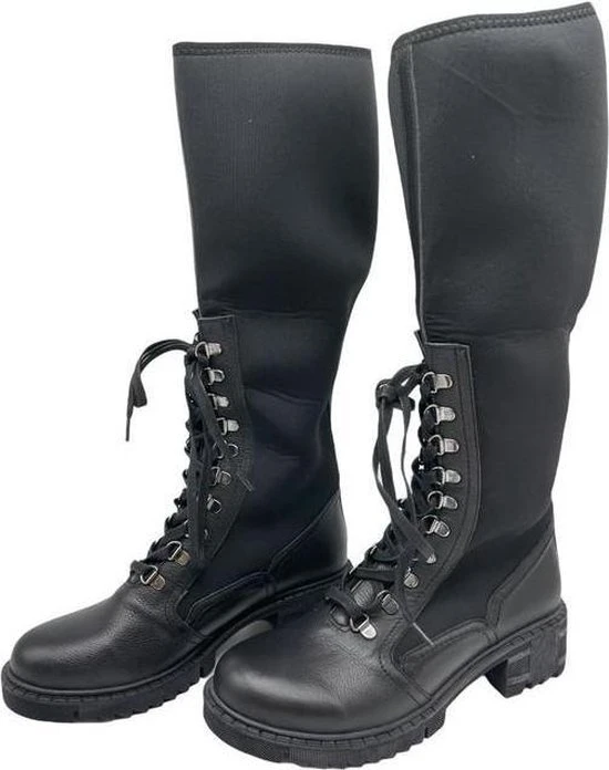 La Pèra - Hoge Mat Zwarte Leren Veter Laarzen Dames - Maat 39