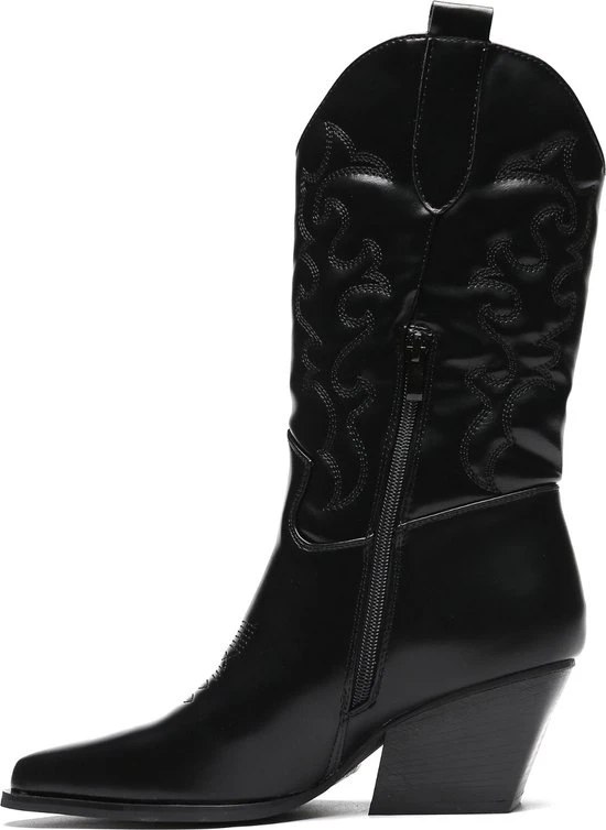 Weloveshoes SmileFavorites® Dames Cowboylaarzen Met Hak - Imitatieleer - Zwart - Maat 37 - Afbeelding 4