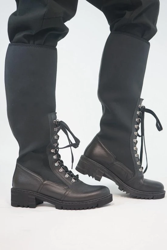 La Pèra - Hoge Mat Zwarte Leren Veter Laarzen Dames - Maat 39 - Afbeelding 5